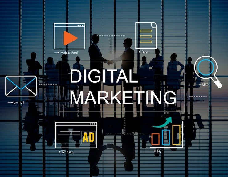 Digital marketing concept with search, social and advertising icons